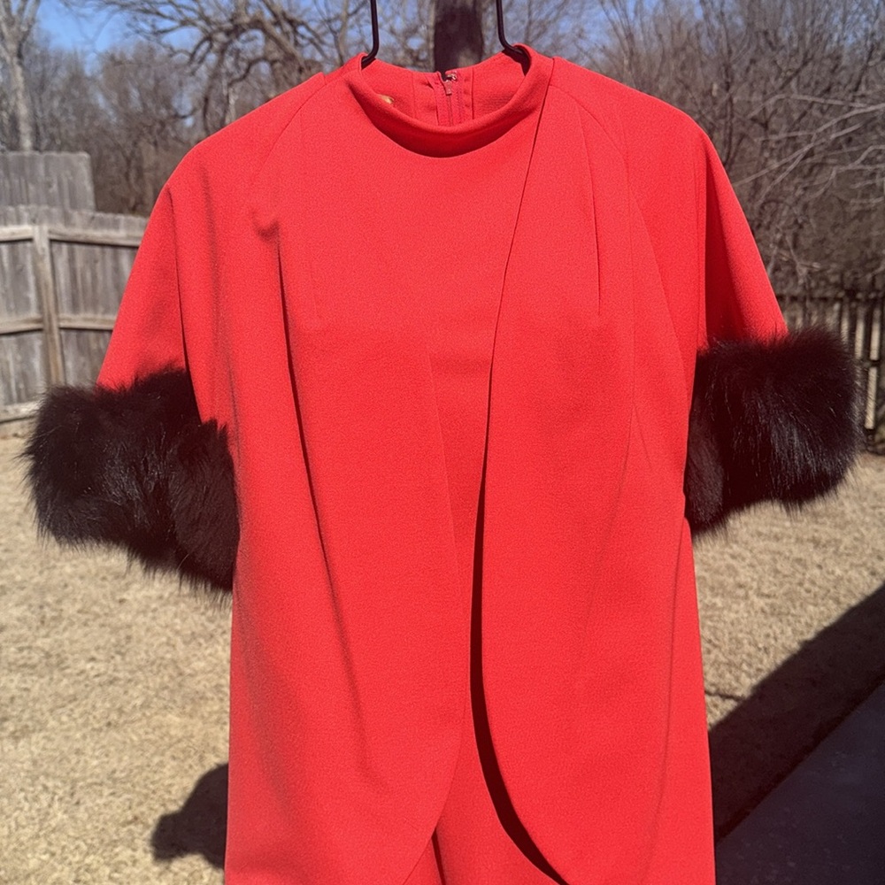 NOS Vintage Claralura California 12 Orange Knit Dress Jacket Fur Trim Set USA
